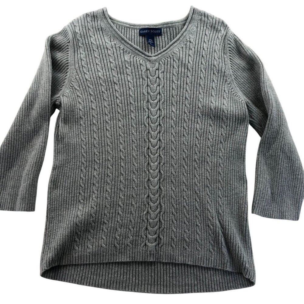 Karen Scott Women's Sweater Large V-Neck Soft Gray Cable Knit Pullover Cotton